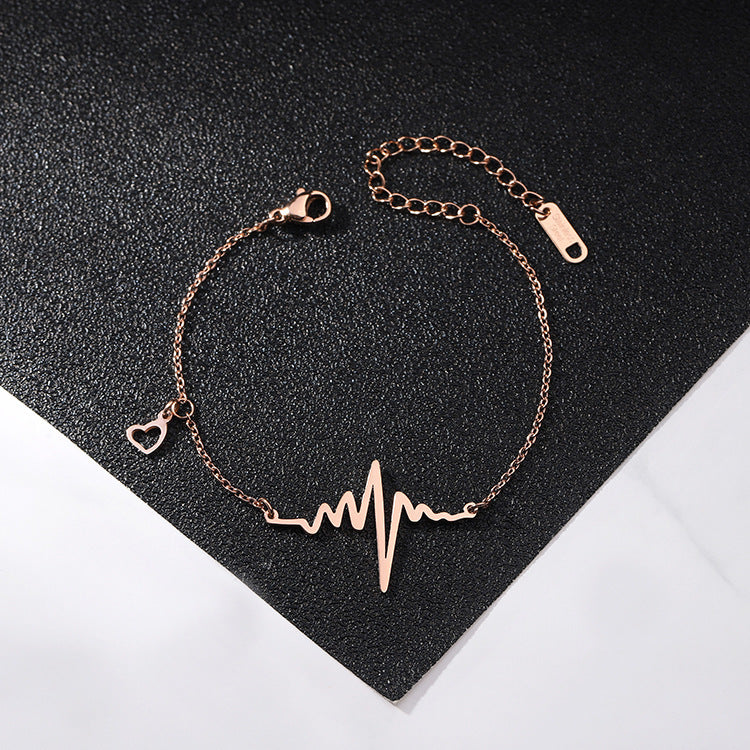 Minimalist ECG Heartbeat Design Titanium Steel Necklace for Women with Electroplated Finish Geometric Pendant Locket Style Clavicle Chain