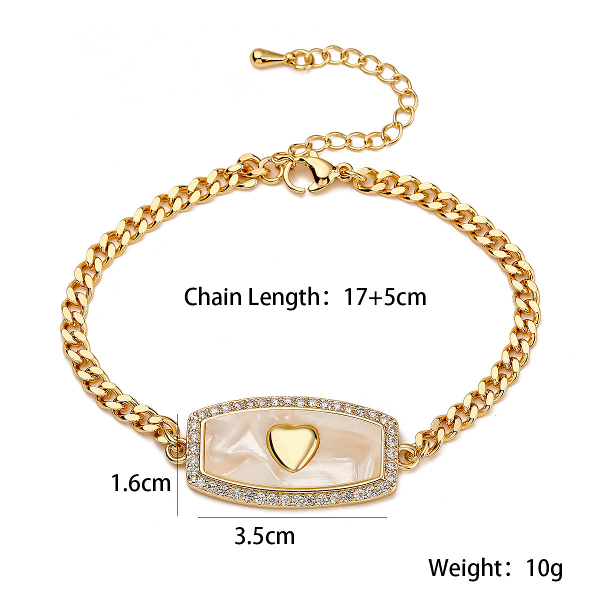 Vintage Luxury 18K Gold Plated Brass Heart Cubic Zirconia Bracelet for Women