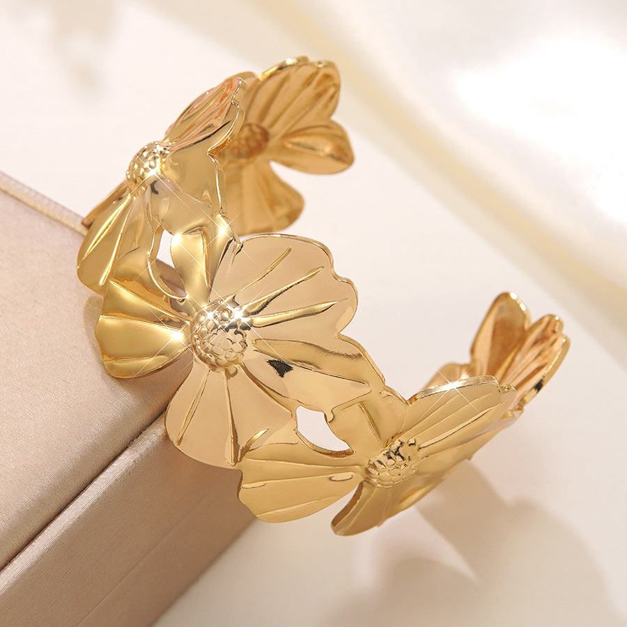 Vintage Luxury Floral Stainless Steel Drip Oil Wide Open Cuff Bracelet for Women
