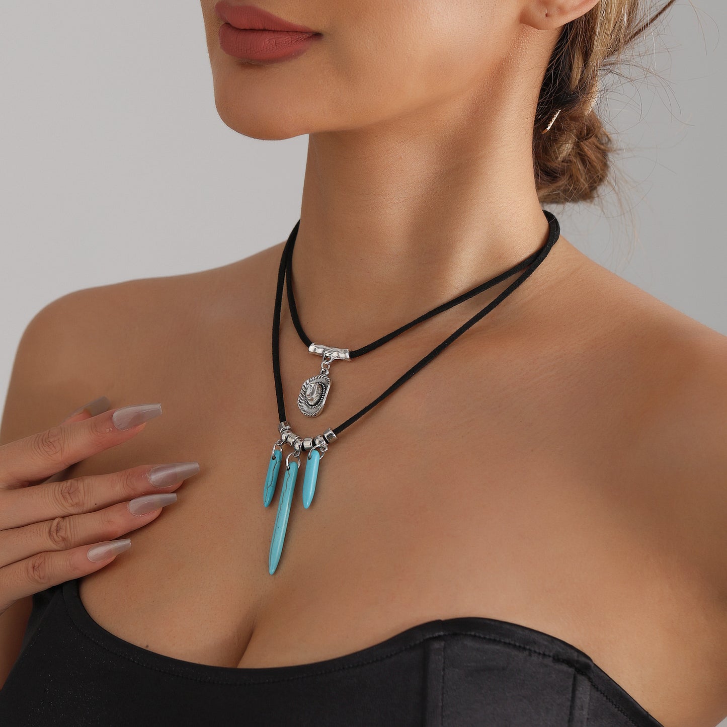 Vintage Bohemian Geometric Heart Turquoise Inlay Alloy Plated Multi-layer Necklace for Women