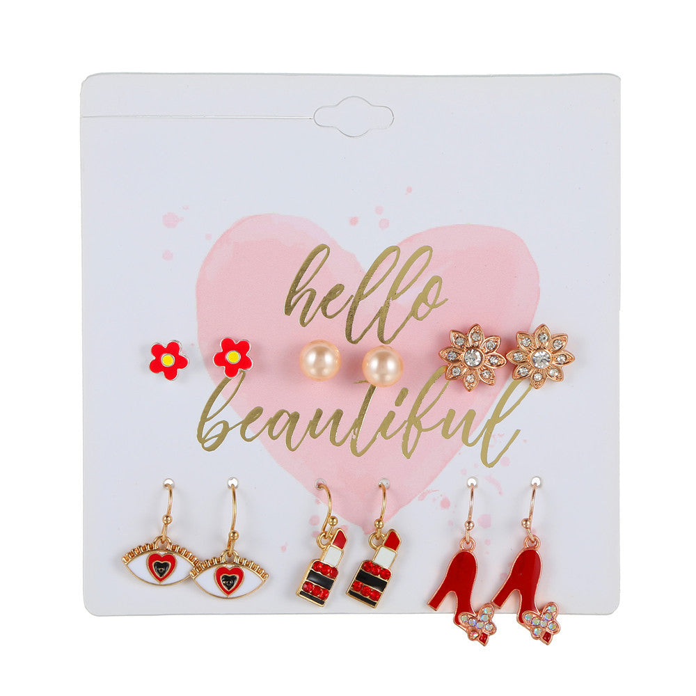 Sweet Geometric Crystal Inlay Alloy Earring Set with Stainless Steel Posts