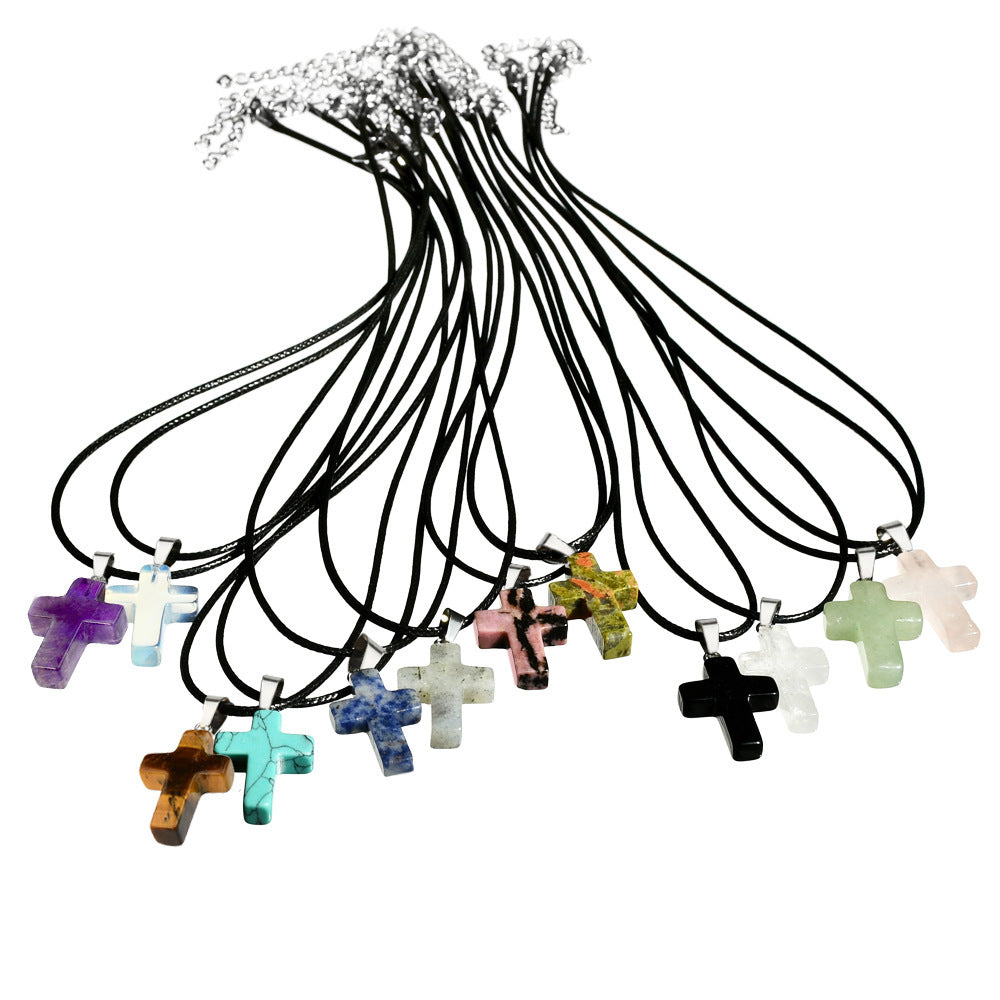 Minimalist Cross Crystal Agate Turquoise Pendant Necklace Unisex