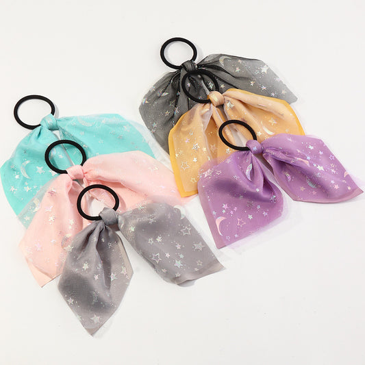 Set di Elastici per Capelli Fluorescenti con Stelle e Luna per Bambine con Dettagli in Nastro in Tessuto Stile Principessa