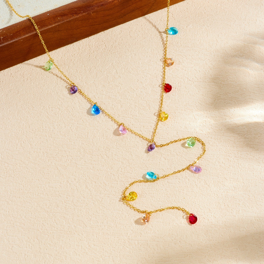 Sweet Colorful Teardrop Gold Plated Stainless Steel Long Necklace for Women