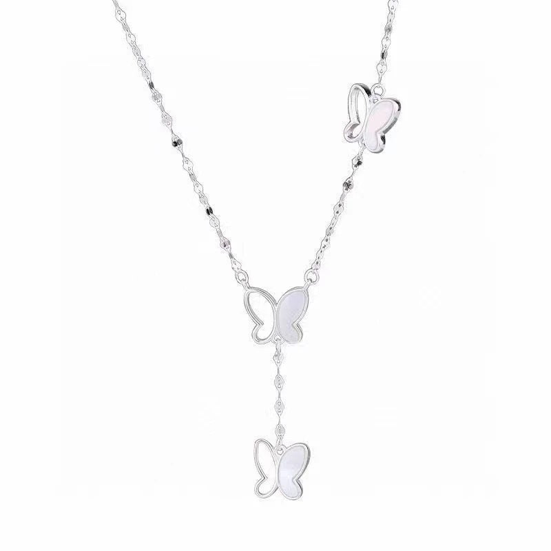 Elegant Minimalist Butterfly Hollow Shell Tassel Necklace Titanium Steel Plated Chain for Women