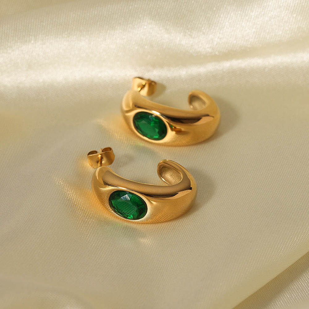 Minimalist Geometric C-Shaped Stainless Steel Earrings with 18K Gold Plating and Green Round Zircon Inlay for Women