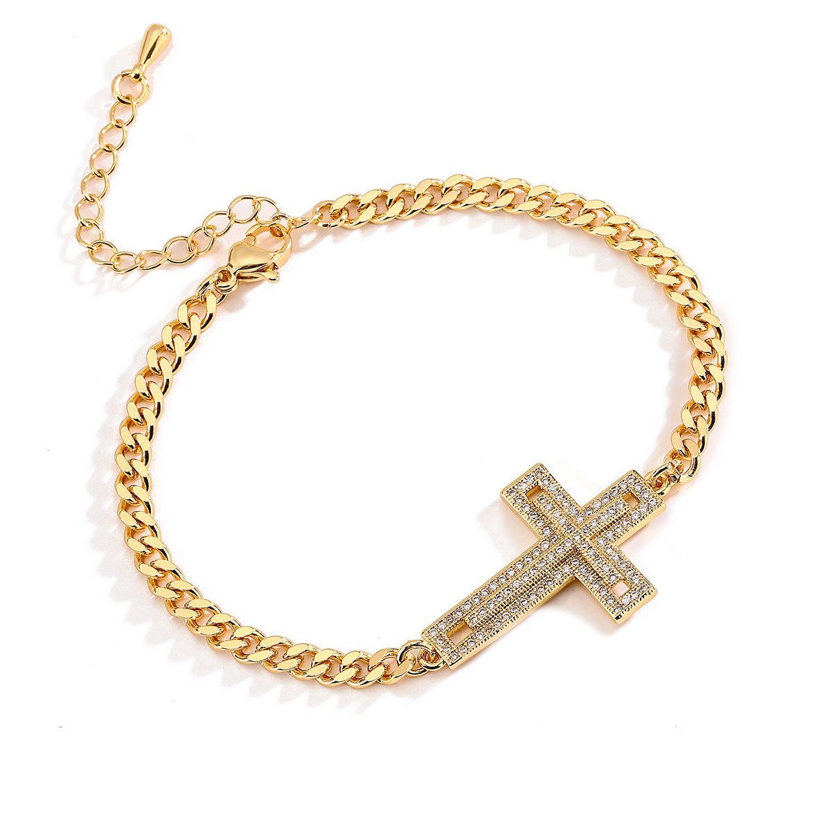 European American Light Luxury 18K Gold Plated Copper Micro-Paved Zircon Cross Geometric Cuban Chain Bracelet for Women