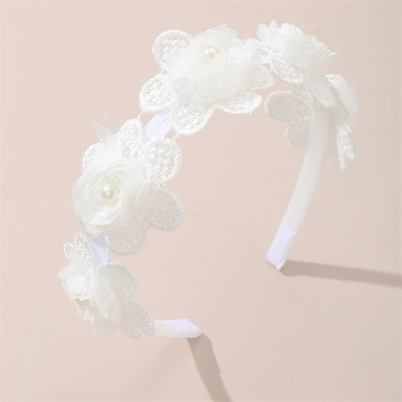 Cerchietto Floreale per Bambini con Rifinitura in Pizzo e Dettagli in Perle in Stile Naturale, Accessorio per Capelli Ricoperto in Resina Colore Macaron