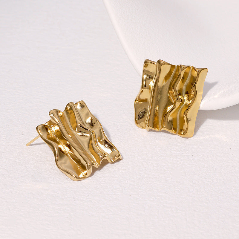 Vintage French-Style Textured Irregular Geometric Stainless Steel Earrings for Women with Gold Plating
