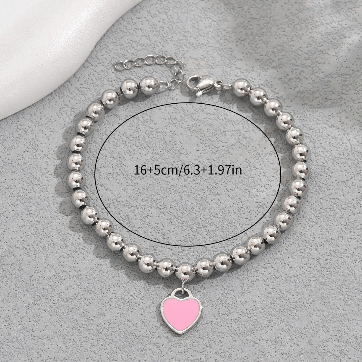 Minimalist Heart-Shaped Enamel Zinc Alloy Bracelet for Women with Beaded Design and Versatile Round Beads