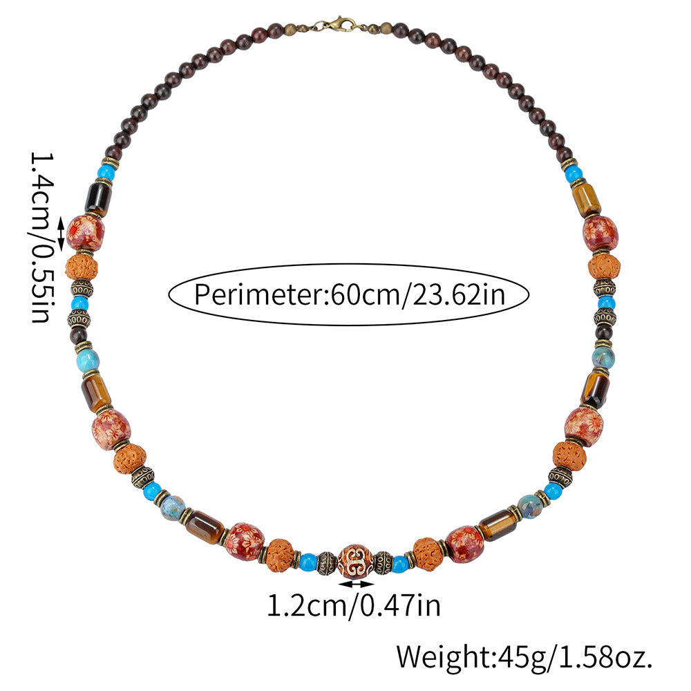 Vintage Ethnic Geometric Round Tiger Eye Stone Wood Beaded Alloy Necklace for Men and Women