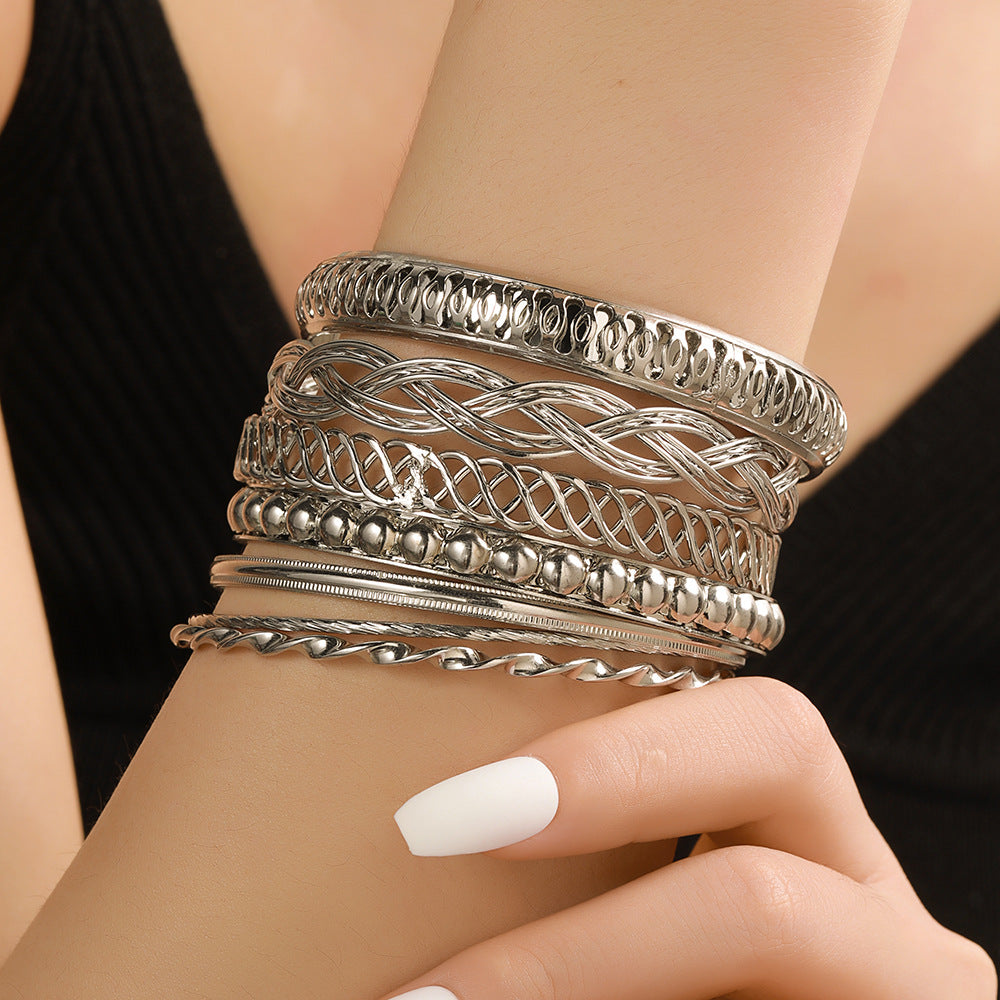 Geometric Round Plated Alloy Multi-Layer Bracelet Set