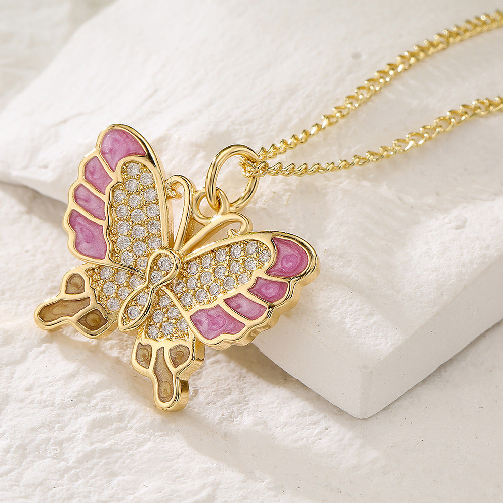 Minimalist Butterfly Pendant Necklace for Women in Copper with 18K Gold Plating and Enamel Finish Featuring Zircon Inlay