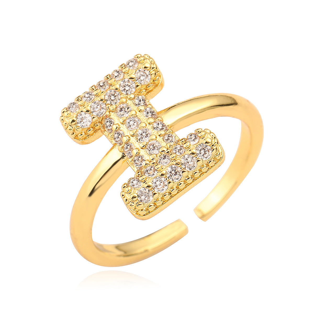 Anillo de cobre minimalista de forma geométrica con letras, chapado en oro de 18K y detalles de circonita para mujer