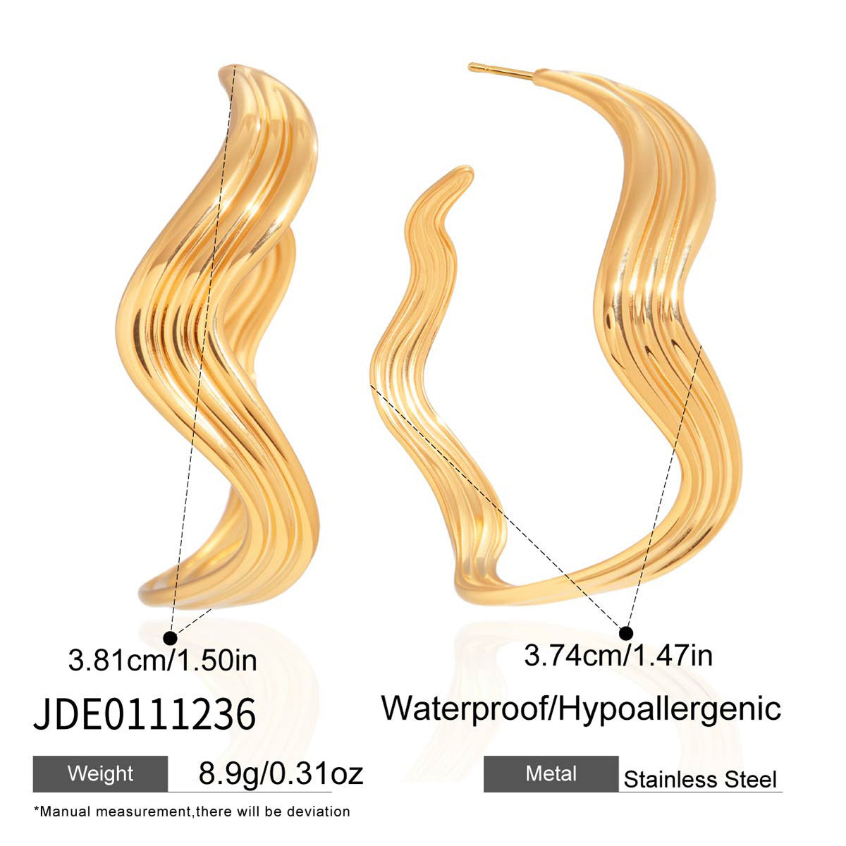 18K Gold Plated Geometric Stainless Steel Wave Hoop Earrings for Women