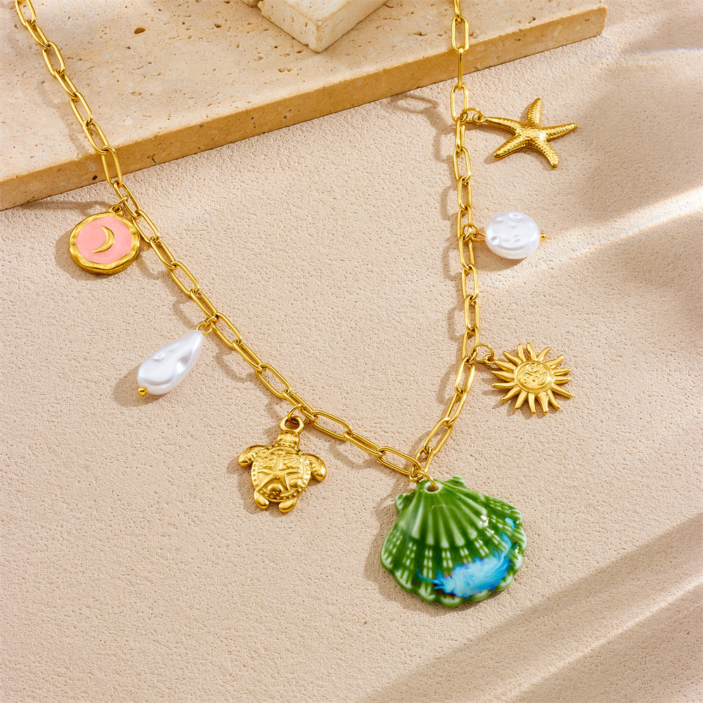 Sweet Stainless Steel Plated Animal Shell Turtle Seahorse Starfish Sun Pendant Necklace with Curb Chain for Women