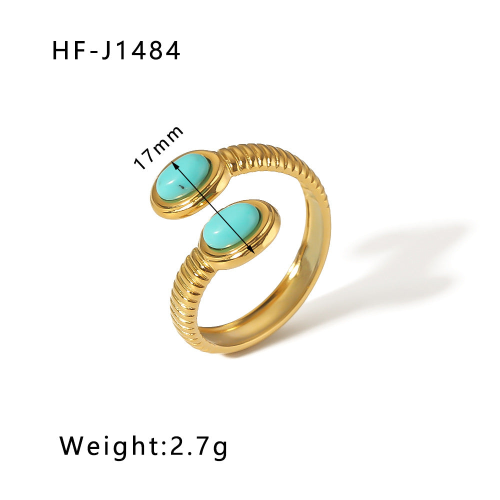 Vintage Geometric Round Emerald Green Natural Stone Stainless Steel Ring with 18K Gold Plating