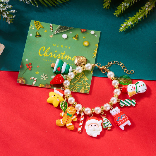 Pulsera de Cuentas Hecha a Mano para Mujeres con Temática Navideña, con Dijes de Papá Noel, Copo de Nieve y Bastón de Caramelo, de Aleación de Zinc, Estilo Geométrico, Regalo Festivo