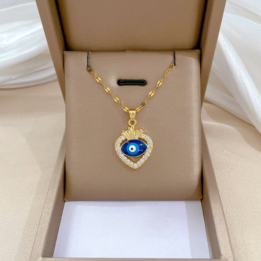 Collar con colgante de ojo turco geométrico de acero de titanio de lujo con patrón de luna y diamantes de imitación unisex
