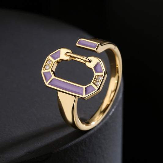 Anello Geometrico in Rame in Stile Bohemien con Placcatura in Oro 18K e Finitura a Smalto da Donna