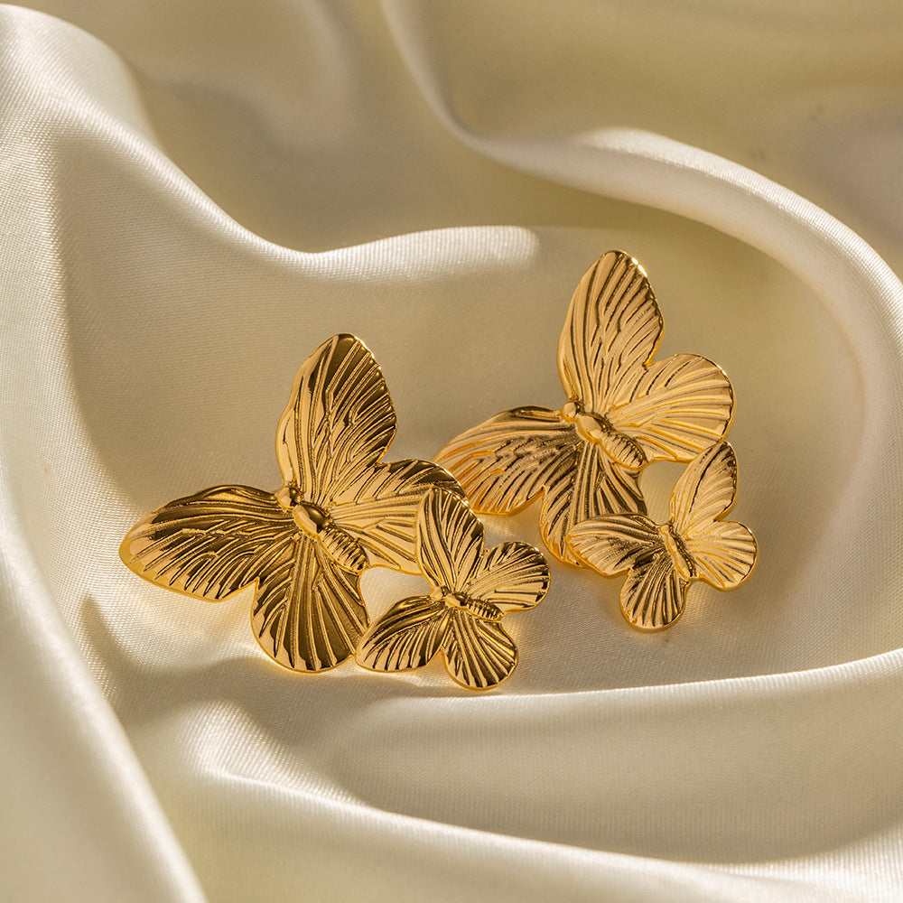 Vintage French Palace Style Matte Antique Gold Stainless Steel Butterfly Geometric Earrings