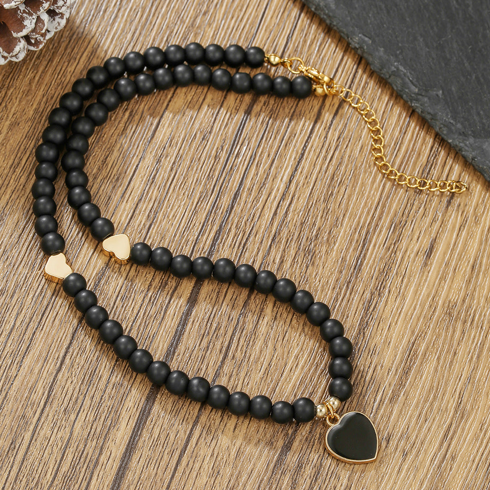 Minimalist Geometric Heart Drip Oil Alloy Necklace with Black Agate Beads for Women