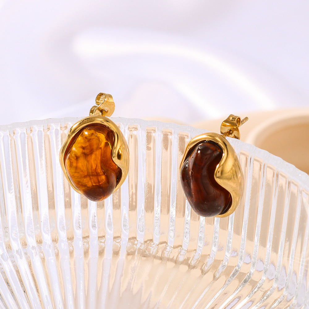 Minimalist Asymmetrical Round Resin Stud Earrings in Stainless Steel with 18K Gold Plating for Women