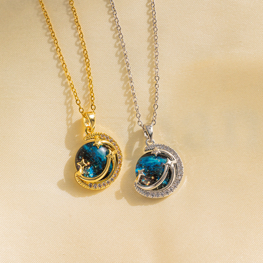 Collar de lujo de planeta geométrico para mujer, chapado en acero titanio con circonita micropavé, cadena de clavícula de cielo estrellado azul