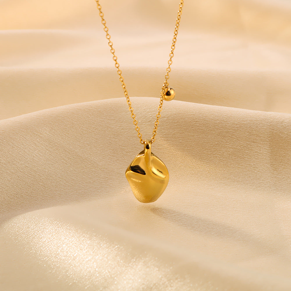Minimalist Oval Textured Asymmetrical Pendant Necklace in Titanium Steel with 18K Gold Plating for Women