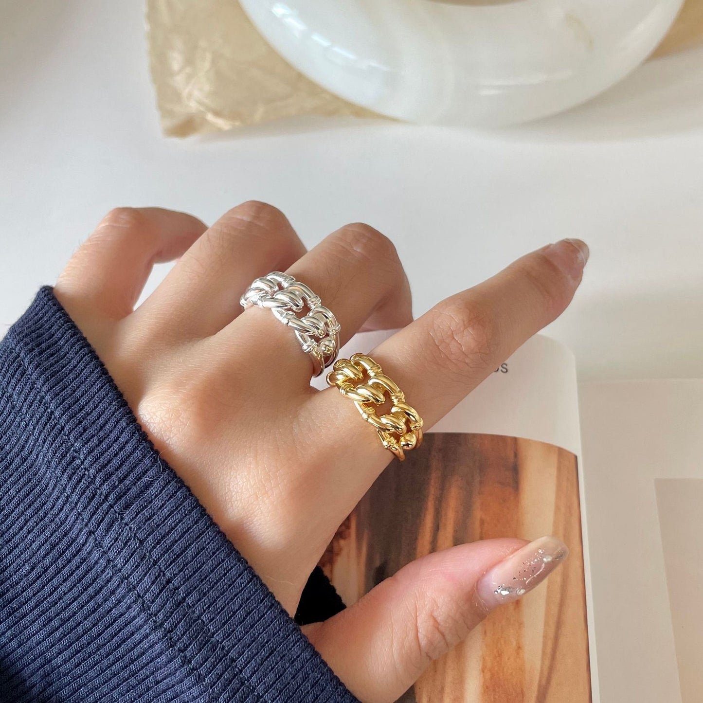 Anello da donna in argento sterling 925 placcato oro con motivo geometrico