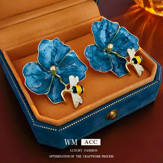 Vintage Floral Bee Earrings with Enamel Detailing in Copper and Steel Posts for Women