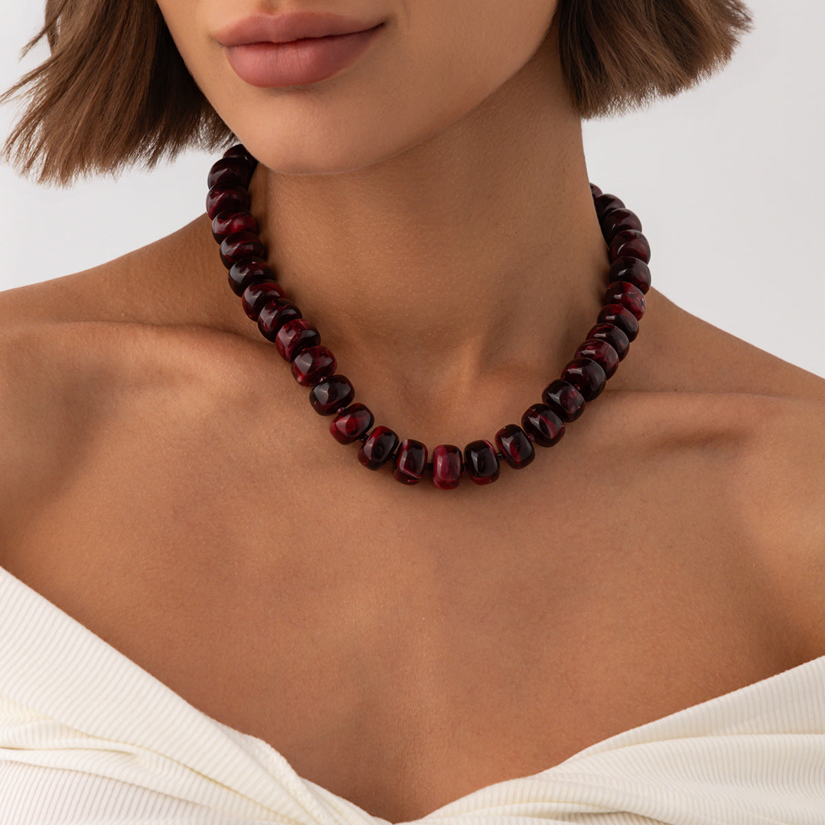 Sweet Geometric Gradient Resin Beaded Necklace Stainless Steel Chain Women's Jewelry
