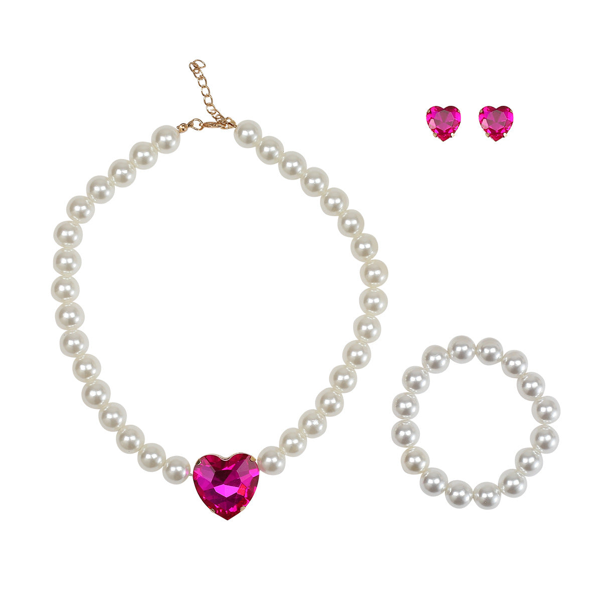Minimalist Heart-Shaped Pearl Necklace Set with Alloy Pendant, Electroplated Finish, Includes Earrings Bracelet and Necklace for Women