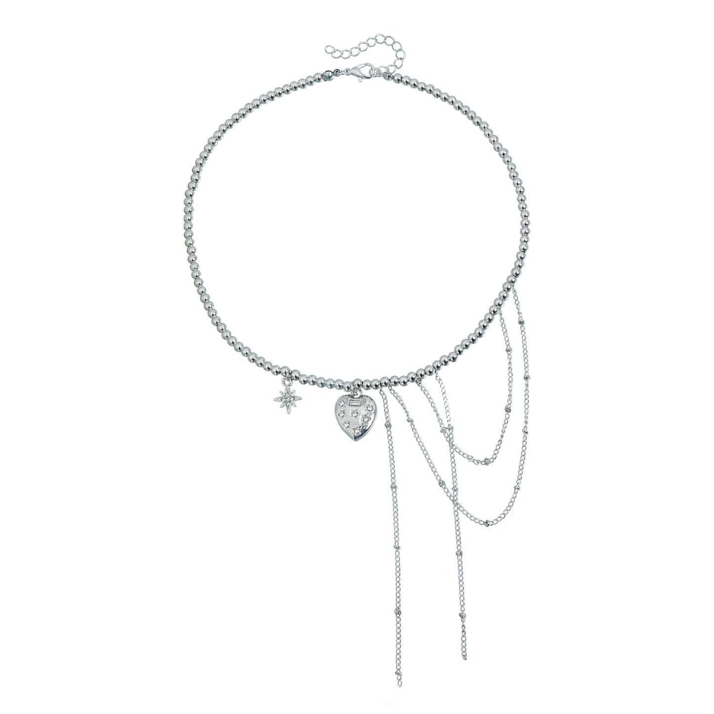 Sweet Streetwear Y2K Heart Geometric Star Alloy Plated Pendant Necklace with Tassel and Beads for Women