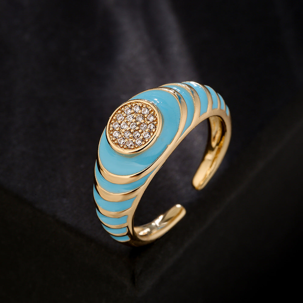 Vintage-Inspired Geometric Open Ring for Women Made of Copper with 18K Gold Plating and Cubic Zirconia Inlay
