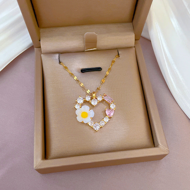 Minimalist Heart-Shaped Titanium Steel Necklace with Micro-Paved Zirconia, Gold-Plated Copper Pendant, Floral and Geometric Design