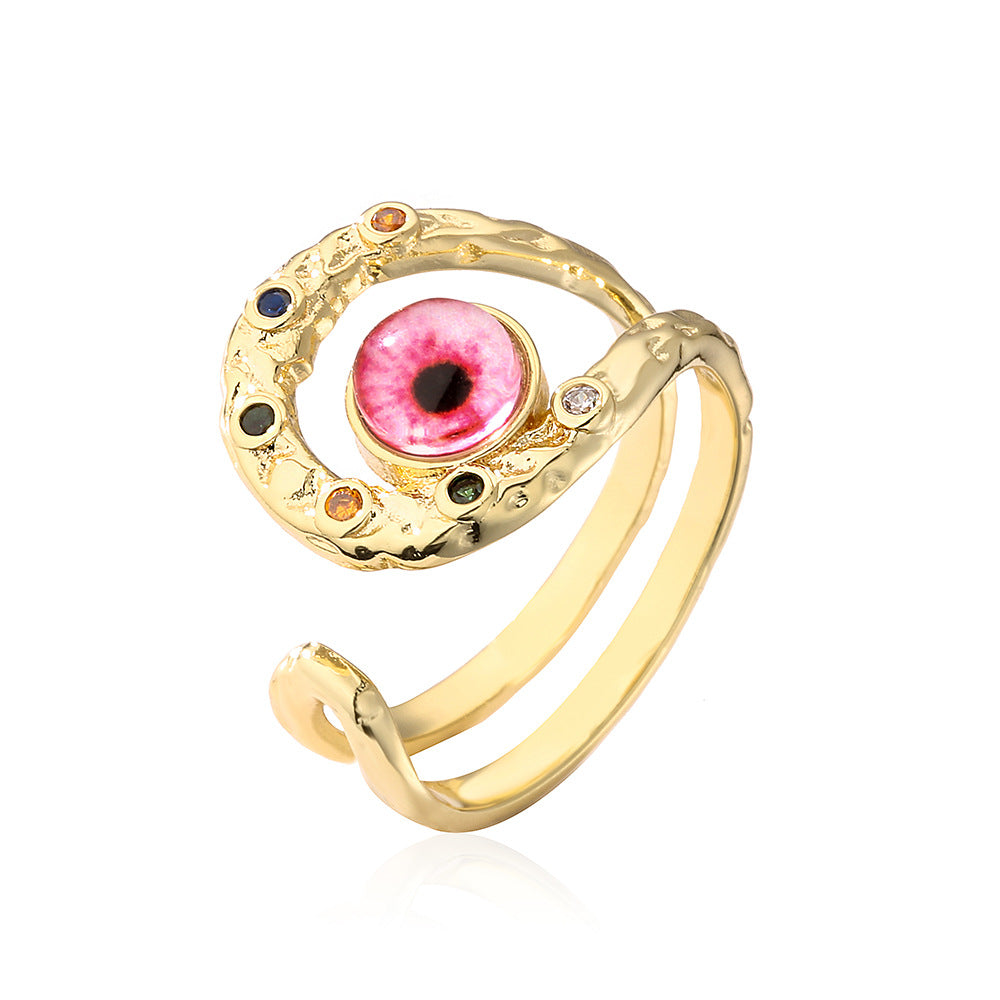Bohemian Evil Eye Open Ring for Women in Copper with Micro-Pave Setting Geometric Design