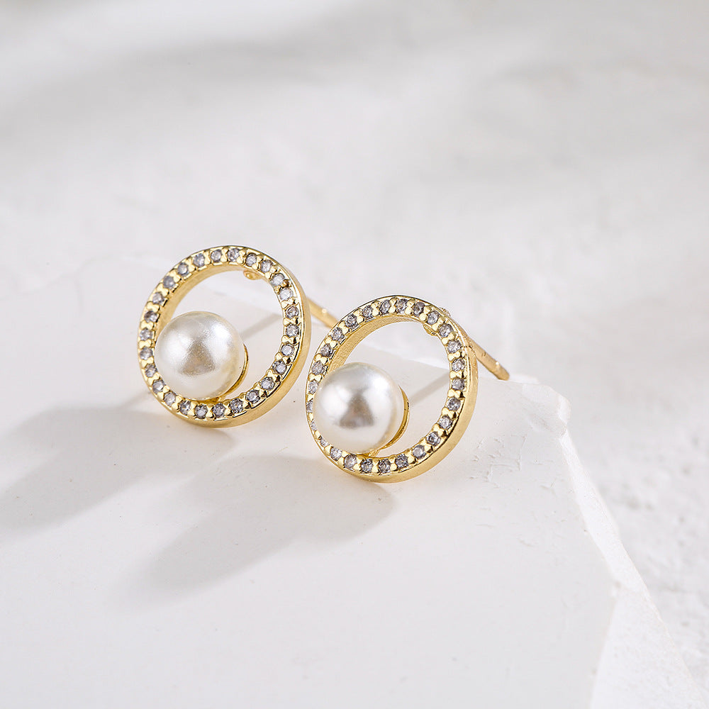 Minimalist Modern Geometric Stud Earrings for Women in Copper with Real Gold Plating and Micro-Paved Zirconia and Pearl Accents