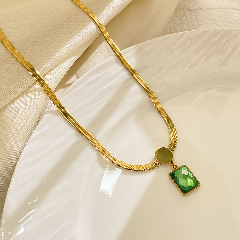 Vintage Square Geometric Titanium Steel Gold Plated Cubic Zirconia Pendant Necklace