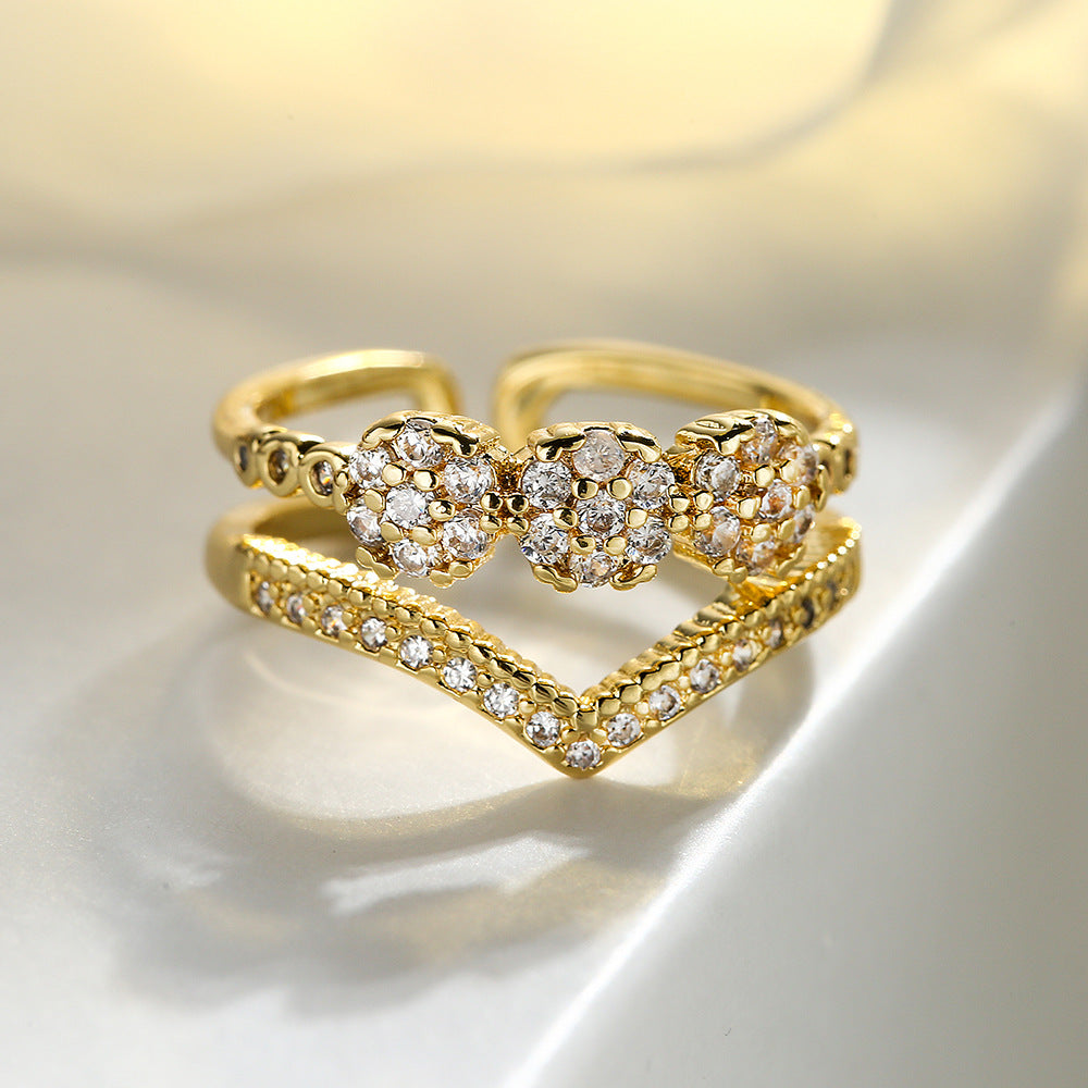 Anello Aperto Geometrico Minimalista da Donna in Ottone con Placcatura in Oro Vero e Intarsio di Zirconi