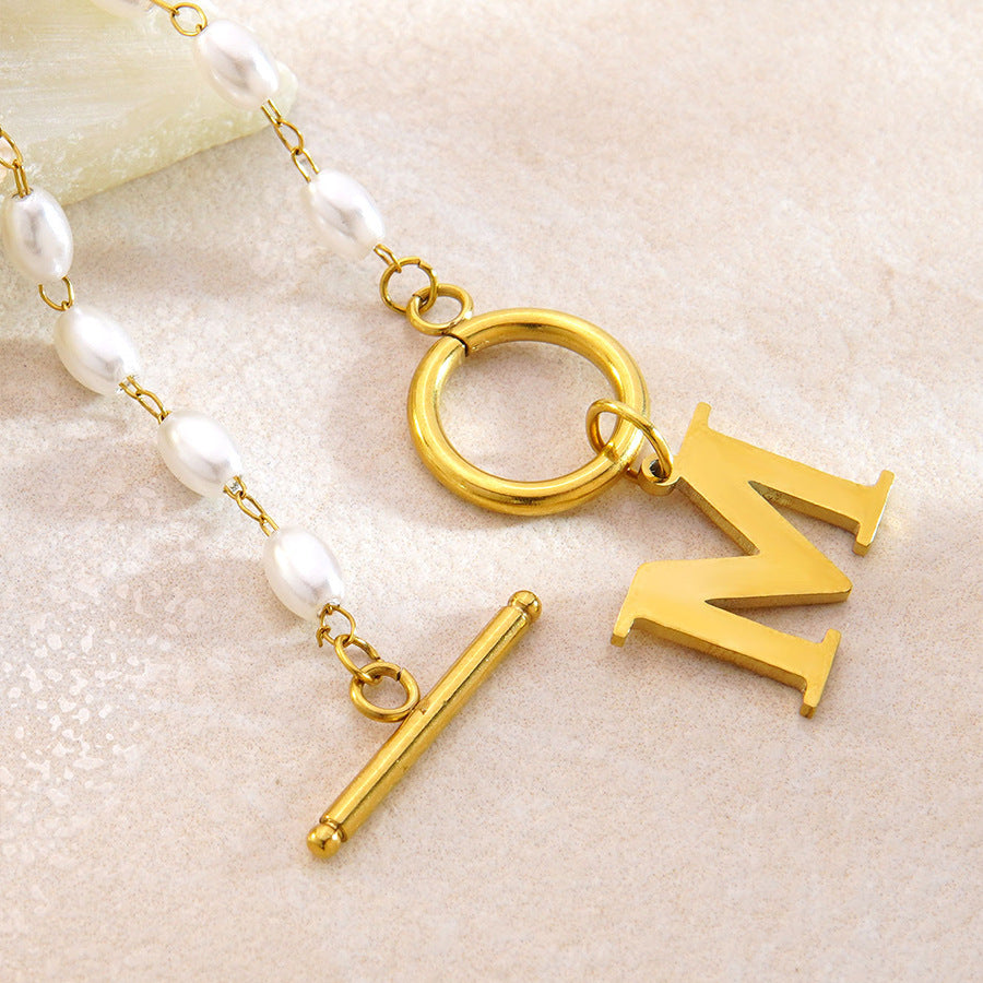 Elegant Stainless Steel Letter Pearl Pendant Ball Chain Necklace