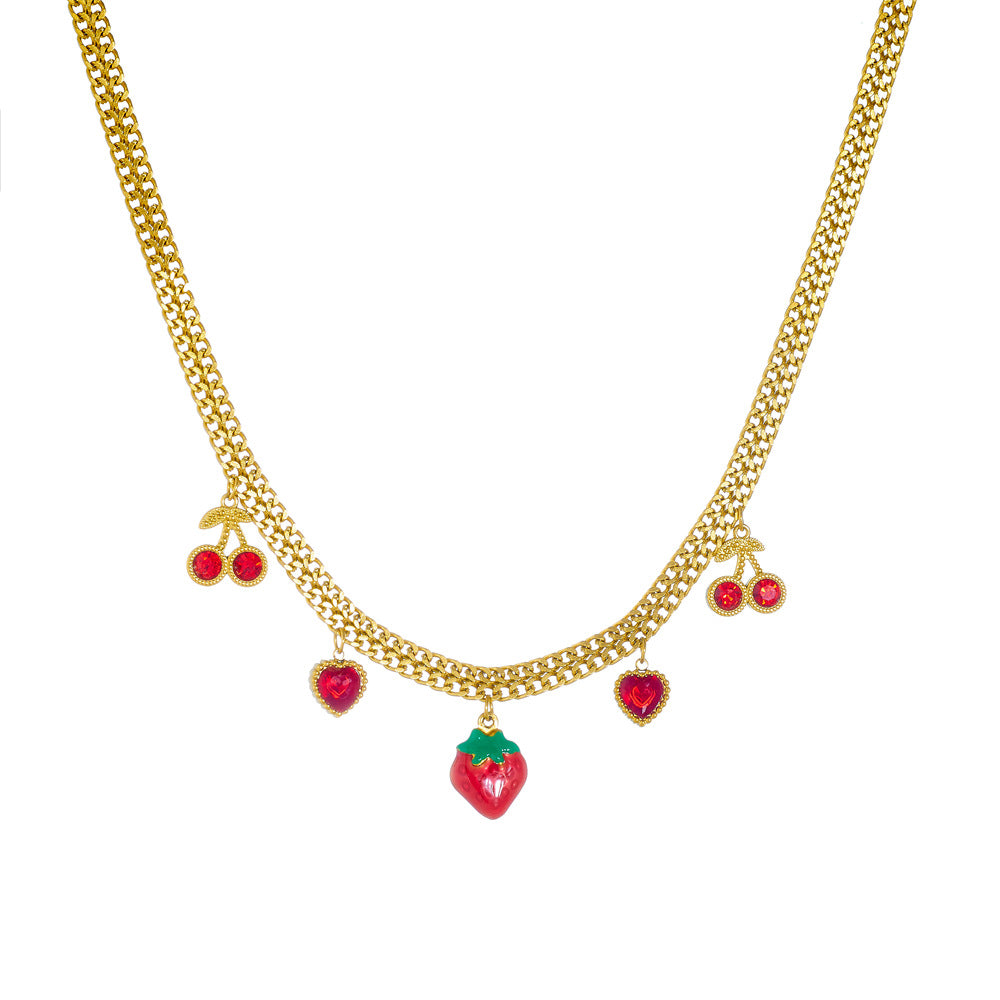 Collana con ciondolo a ciliegia fragola dolce e fresca in acciaio inossidabile con finitura placcata, design 3D a forma di frutto su catena snake per donna