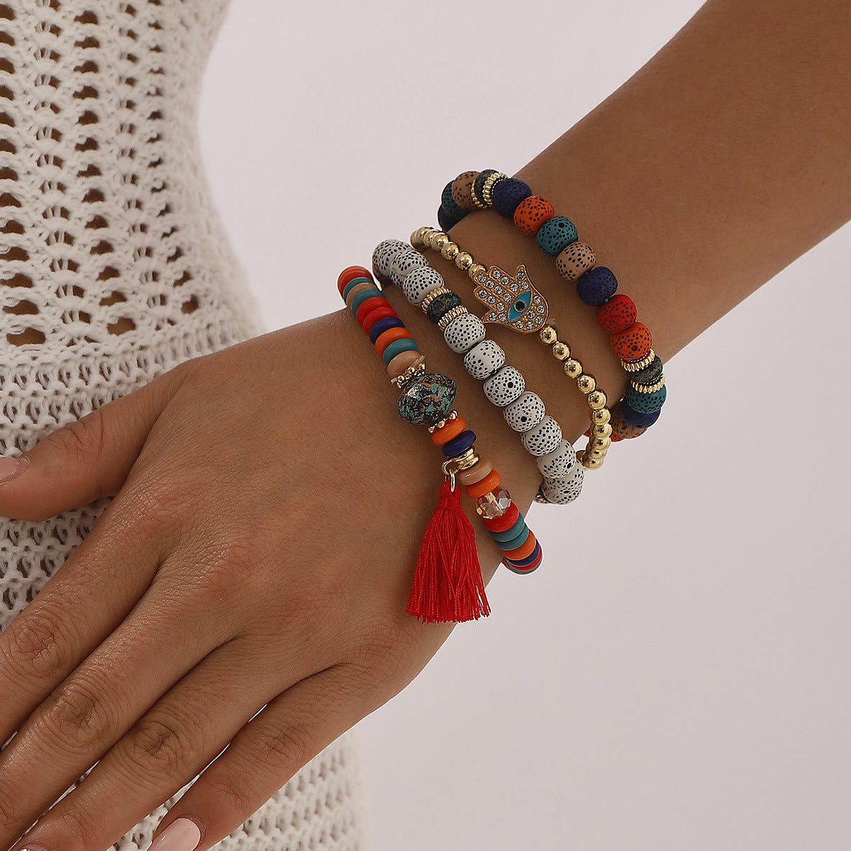 Pulsera de Cuentas de Estilo Étnico Bohemio Multicapa con Borla y Detalles de Diamantes de Imitación