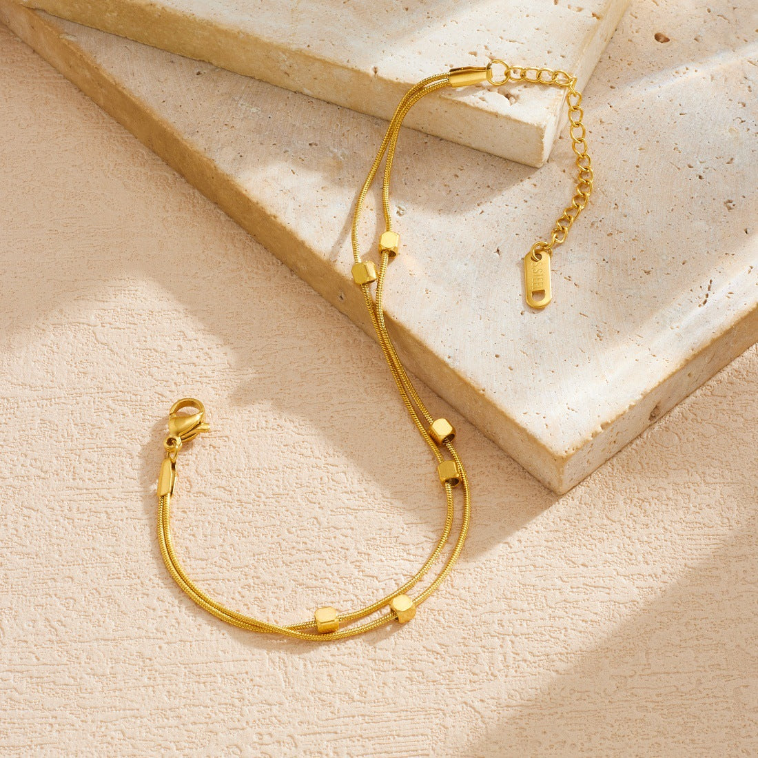 Minimalist Gold Plated Square Geometric Stainless Steel Layered Chain Bracelet for Women