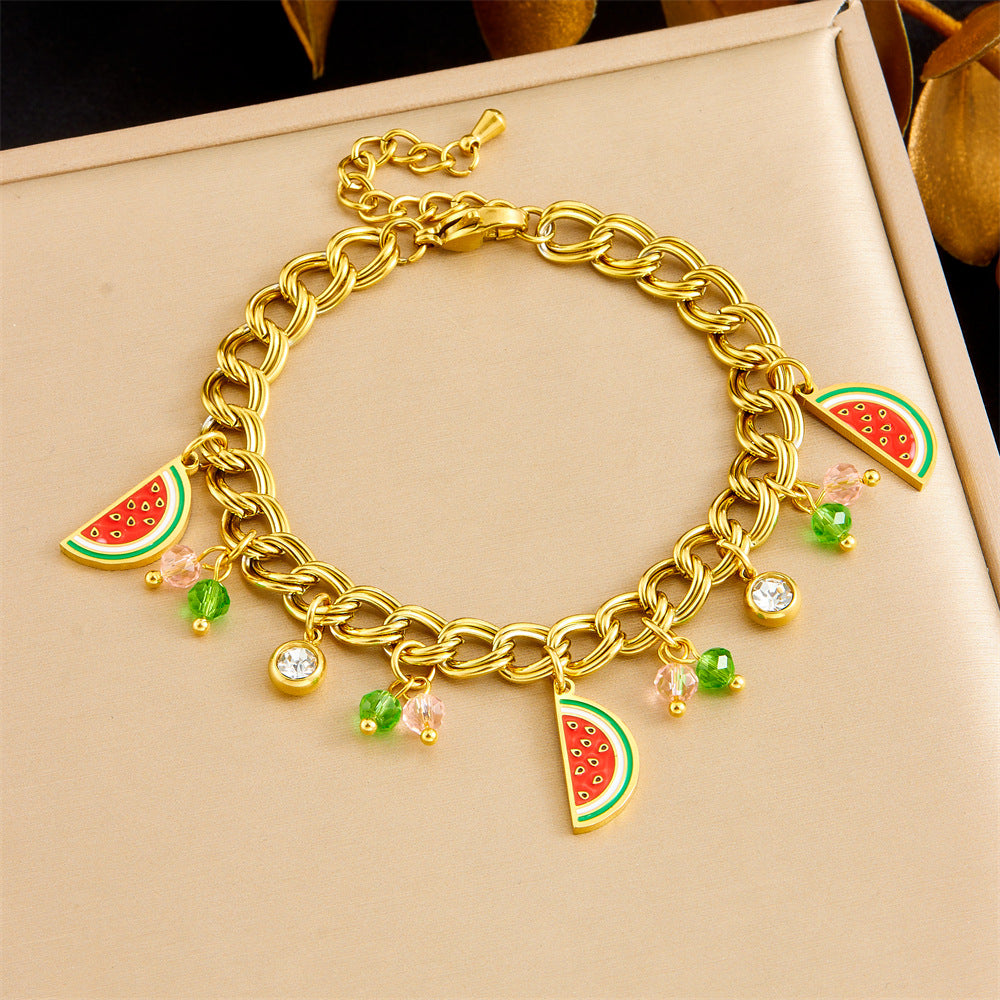 Sweet Cartoon Drip Oil Plated Stainless Steel Bracelet with Lemon Avocado Watermelon Pineapple Charms