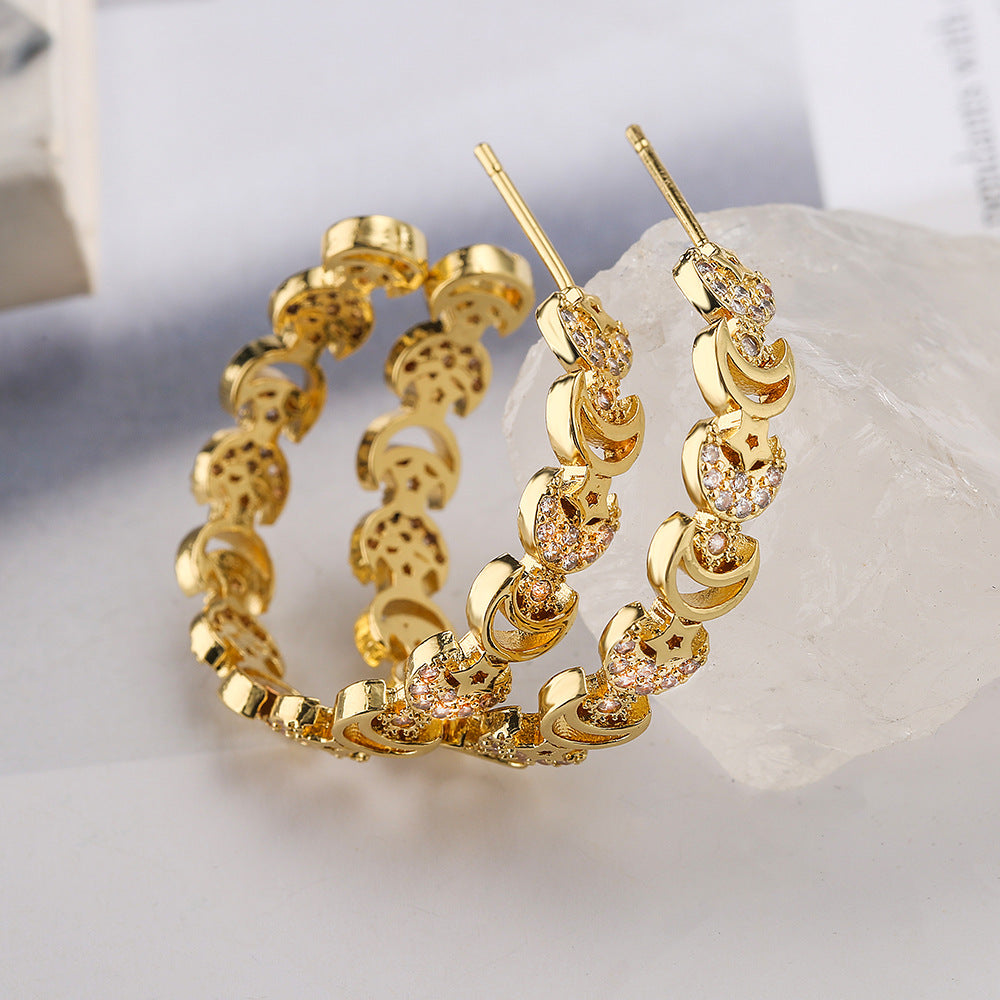 Orecchini minimalisti geometrici a stella e luna da donna in rame con placcatura in oro 18 carati e intarsio di zirconi
