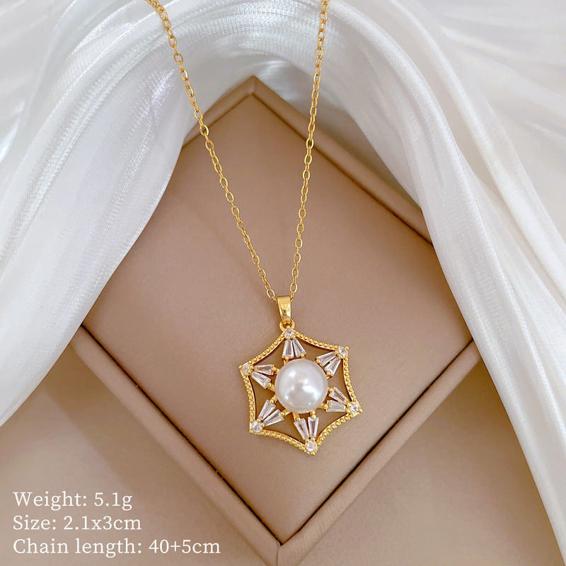 Luxury Titanium Steel Hexagonal Pearl Necklace and Earrings Set with Rhinestone Inlay for Women Formal Events