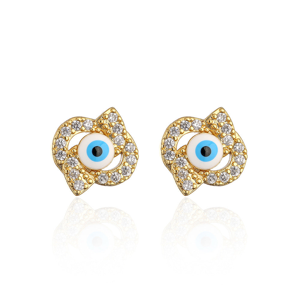 Minimalist Geometric Eye Stud Earrings for Women with Copper Base Plated in 18K Gold and Enamel Finish with Micro-Paved Zirconia