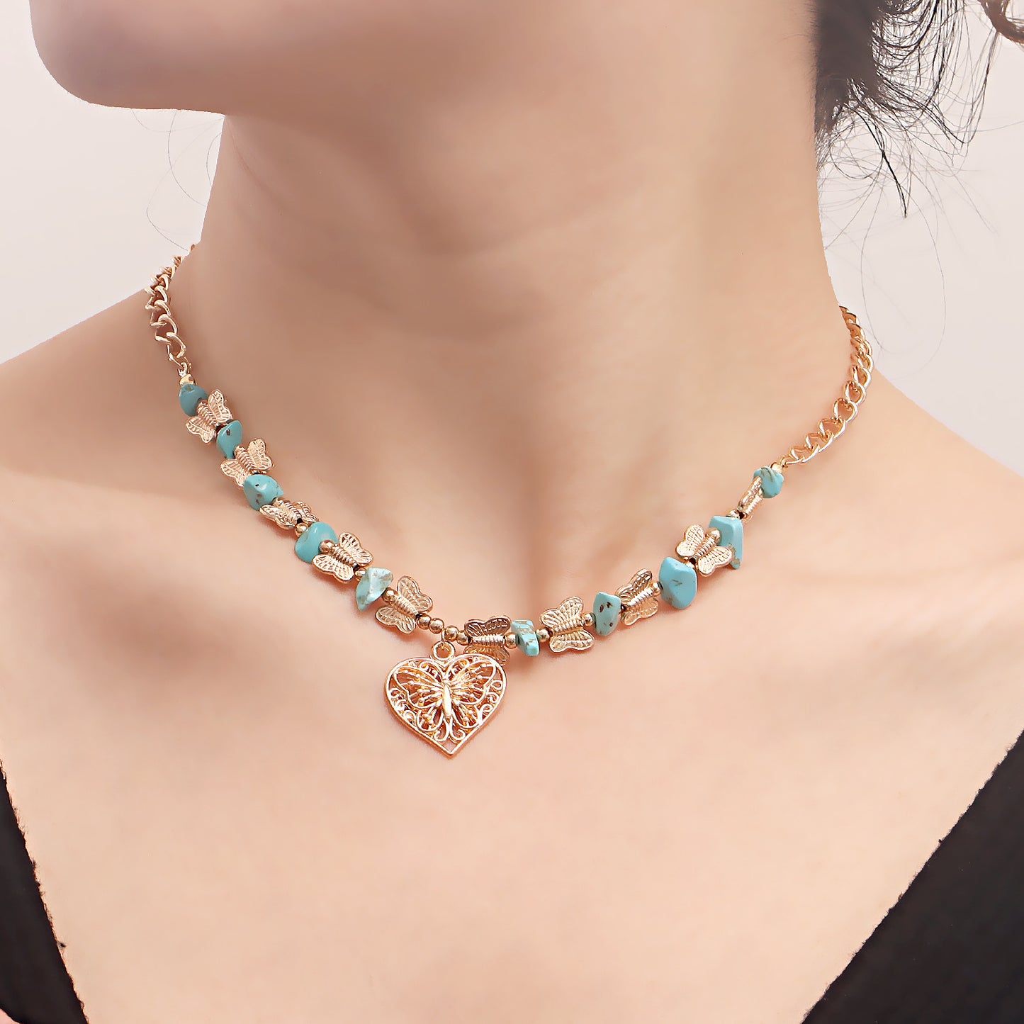 Vintage Butterfly Pendant Necklace for Women with Alloy Construction Plated Finish Geometric Design Collar Chain