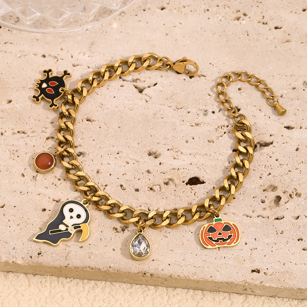 Cute and Playful Halloween Pumpkin Skull Pendant Bracelet in Stainless Steel with 18K Gold Plating, Geometric Design, Fashionable Office Wear Style